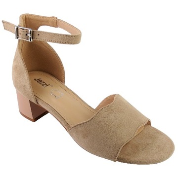 BUTY SANDAŁY NA NISKIM OBCASIE BEŻOWE ZAMSZ r 39
