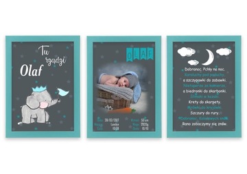 Комплект из 3 плакатов со свидетельствами о рождении формата А4 для детской комнаты.