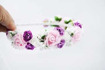 OPASKA różówa wianek komunijny kwiaty fioletowe na głowę na komunije wesele