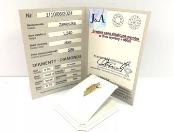 ZŁOTA ZAWIESZKA BRYLANTY 0,04CT PR585 1,24G CERTYFIKAT