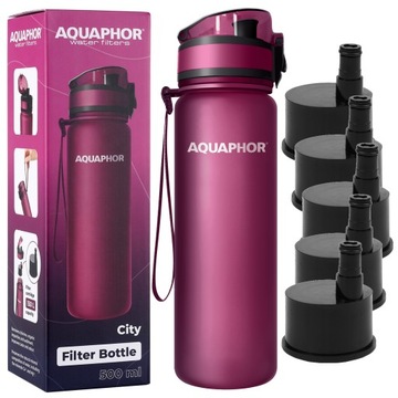 Butelka filtrująca Bidon AQUAPHOR City 500 ml BORDOWA Zestaw 5 wkładów