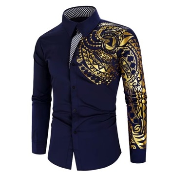 MD elegancka granatowa męska koszula złoty natrysk tatuaż | XL