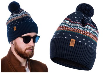 CZAPKA MĘSKA ZIMOWA NORWESKI WZÓR Z POMPONEM