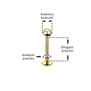 Kolczyk PIERCING Labret Złoty, gwint zew. Stal 316L Zestaw10 Sztuk 1,2/8/3