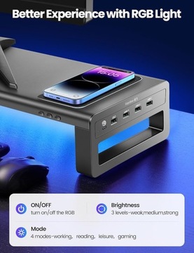 STOJAK PODSTAWKA DO MONITORA BEZPRZEWODOWE ŁADOWANIE i 4 Hub USB 3.0