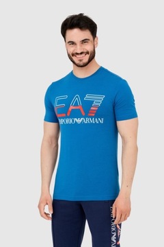 EA7 T-shirt męski niebieski z dużym białym logo S