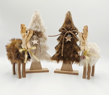 ДЕРЕВЯННАЯ РОЖДЕСТВЕНСКАЯ ЕЛКА С ИСКУССТВЕННЫМ МЕХОМ И БАНТОМ, КОРИЧНЕВОЕ РОЖДЕСТВЕНСКОЕ УКРАШЕНИЕ