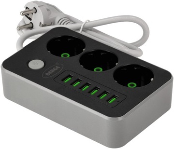 PRZEDŁUŻACZ LISTWA ZASILAJĄCA WŁĄCZNIK 3 GNIAZDA + 6x USB 1m Z UZIEMIENIEM