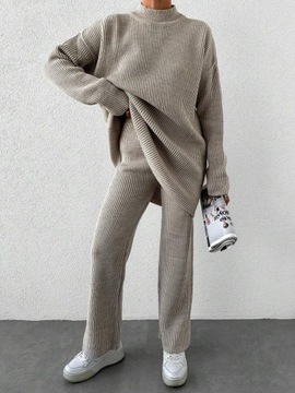 Shein beżowy komplet dzianinowy sweter i spodnie one size