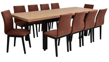 Duży stół 90x170/250 cm i 10 krzeseł z drewna OBICIE DO WYBORU
