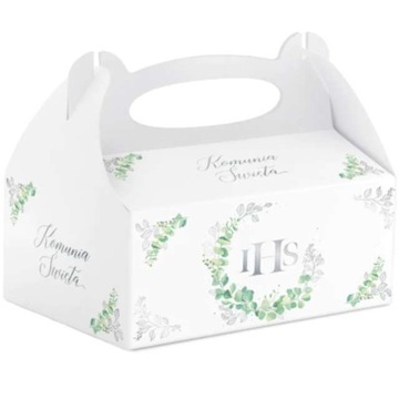 PUDEŁKA na ciasto KOMUNIA ŚWIĘTA białe eukaliptus