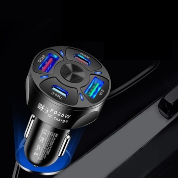 БЫСТРОЕ АВТОМОБИЛЬНОЕ ЗАРЯДНОЕ УСТРОЙСТВО 4xUSB QC PD + КАБЕЛЬ
