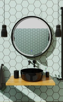 Круглое черное зеркало со светодиодной подсветкой 55 см, пескоструйной обработкой и выключателем.