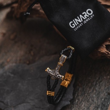 BRANSOLETKA SKÓRZANA ZŁOTO-SREBRNY MŁOT THORA