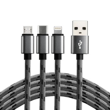 Kabel przewód USB 3w1 - USB-C, Lightning, micro