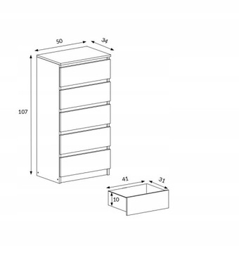 Просторный узкий комод Sonoma шириной 50 см с 5 ящиками MILO