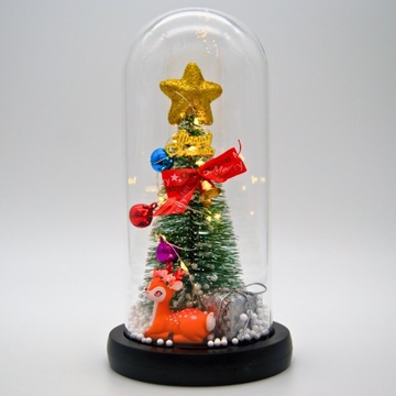 ИСКУССТВЕННАЯ РОЖДЕСТВЕНСКАЯ ЕЛКА, МАЛЕНЬКАЯ, СВЕТОДИОДНАЯ В СТЕКЛЕ, ДЕКОРАТИВНАЯ, РОЖДЕСТВЕНСКИЙ МОРОД, СНЕГ, ПОДАРОК