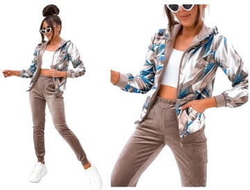 Komplet welurowy dres damski spodnie bluza na zamek z kapturem cappuccino S