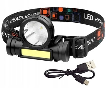 LATARKA LAMPKA CZOŁOWA CZOŁÓWKA NA GŁOWĘ 3W LED + COB 3 TRYBY + KABEL USB