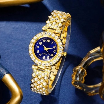 Damski niebieski zegarek pierścionek naszyjnik kolczyki zestaw bransoletek