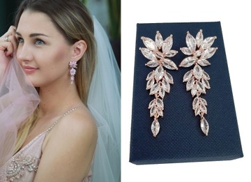 KOLCZYKI ŚLUBNE ZŁOTE ROSE GOLD ZIRCONIA LIŚCIE