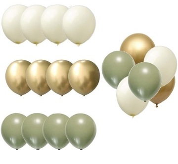 BALONY woodland zielone KHAKI kremowe złote 18szt
