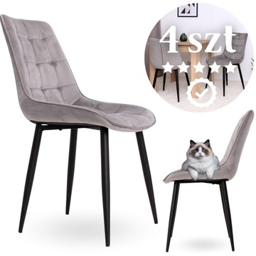 4x Krzesła Pikowane Welur SZARE BoHome Tapicerowne Salon Eleganckie Glamour