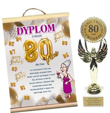 Statuetka i Dyplom życzenia prezent 80 Urodziny zestaw pamiątka
