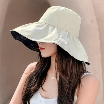 Damski kapelusz przeciwsłoneczny z szerokim rondem kapelusz plażowy ochrona przed słońcem kapelusz rybaka beżowy