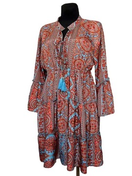 SUKIENKA Indyjska BOHO falbany TUNIKA (02) jedwab SILK INDIA ONE SIZE
