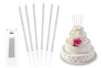 Świeczki urodzinowe na tort SREBRNE BROKATOWE Candles 13,5cm + podst. 6szt