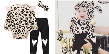 Komplet niemowlęcy dziewczęcy 3 części body legginsy opaska panterka 80-86