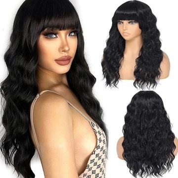 PERUKA DŁUGIE WŁOSY CZARNE KRUCZE FALE BRUNETKA Peruki damskie 65 cm