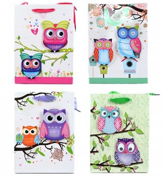 SOWA TOREBKA PREZENTOWA DLA DZIECI TORBA URODZINOWA 18x23CM ZESTAW 4SZT