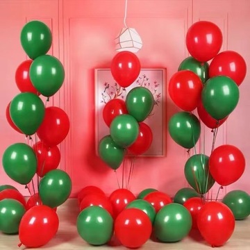 balon 100 czerwonych, ciemnozielone świąteczne dekoracje ślubne