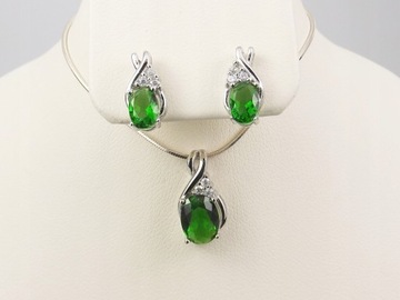 Srebrny Komplet Zestaw Biżuterii 925 Elegancki Subtelny Szmaragdowy Zielony