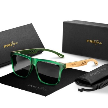 STYLOWE ZIELONE OKULARY PRZECIWSŁONECZNE DREWNIANE ZAUSZNIKI UV 400 PUDEŁKO