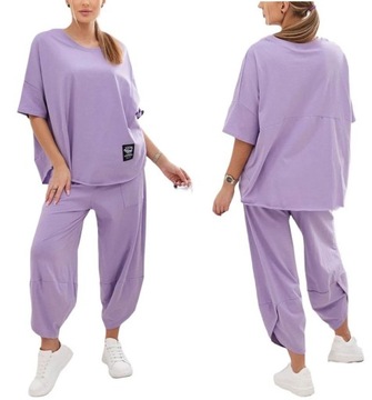 WŁOSKI ELEGANCKI KOMPLET BAWEŁNIANY BLUZKA SPODNIE DRESOWY OVERSIZE 2XL