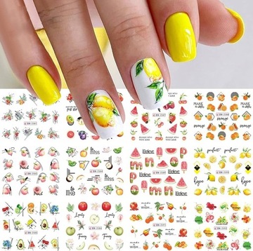 ВОДНЫЕ НАКЛЕЙКИ для украшения ногтей, лист из 12 рисунков, летние фруктовые украшения