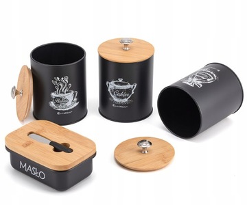 ЧЕРНЫЙ НАБОР ИЗ 3 КОНТЕЙНЕРОВ КОФЕ ЧАЙ САХАР + СТАЛЬНАЯ МАСЛЕНКА НОЖ