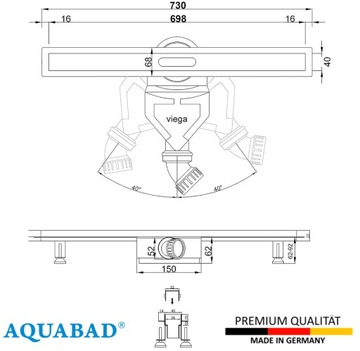 Линейный слив Aquabad черный 70 см Slim, узкий, с сифоном Viega