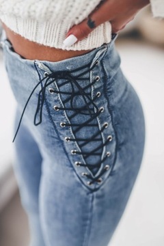 Jeansowe spodnie damskie tregginsy z wiązaniem po bokach wysoki stan ZIP S