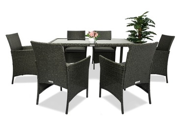 Садовая мебель из ротанга КРЕСЛО x6 + СТОЛ 140 ТЕМНЫЙ на 6 человек СТЕКЛЯННАЯ ПОВЕРХНОСТЬ