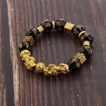Złota bransoletka Pi Xiu Sześć słów Mantra Koralik Powodzenia Biżuteria Męska 14 mm