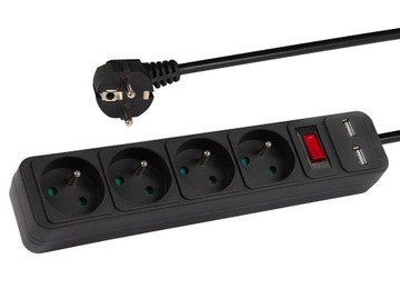 УДЛИНИТЕЛЬ ПИТАНИЯ МОЩНЫЙ ПЕРЕКЛЮЧАТЕЛЬ 2x USB 4 РОЗЕТКИ 1,5 М