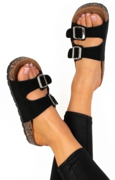 ЧЕРНЫЕ ШЛЕПАНКИ С ПРЯЖКАМИ НА ПРОБКЕ 39