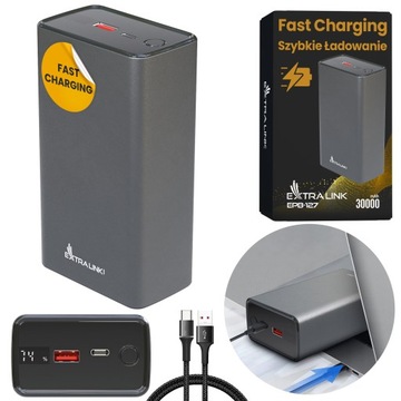 Powerbank 30000mAh Srebrny 65W PD USB-C Extralink
