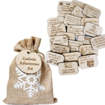 PERSONALIZOWANY ZESTAW ZADAŃ ADWENTOWYCH DREWNIANE W WORECZKU JUTOWYM IMIĘ