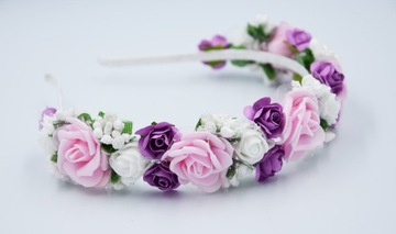 OPASKA różówa wianek komunijny kwiaty fioletowe na głowę na komunije wesele