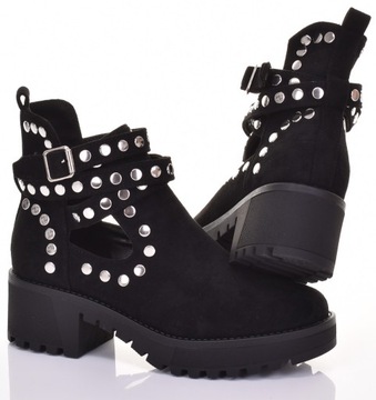 BOTKI DAMSKIE NA WIOSNĘ ZAMSZOWE OZDOBIONE DŻETAMI SŁUPEK OBCAS